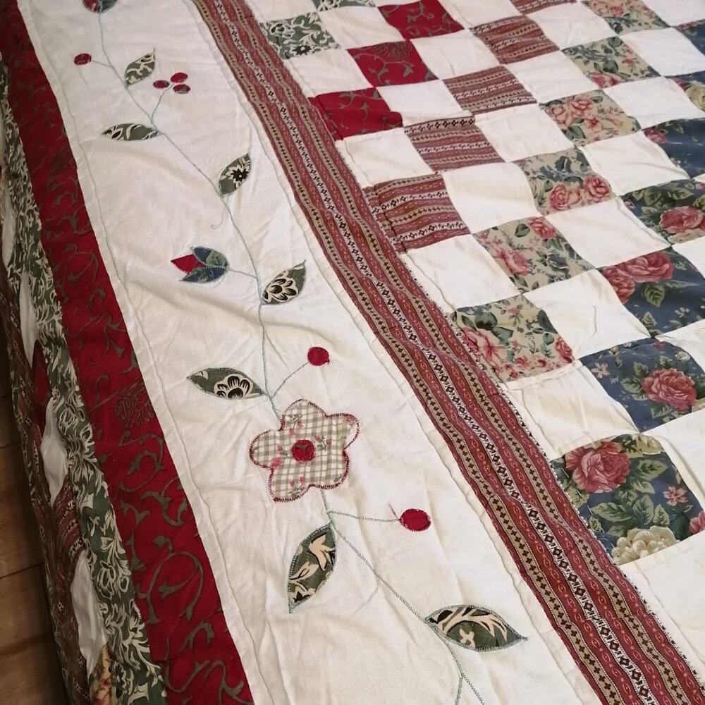 Vintage Handmade Patchwork Quilt Set Queen Green And Red With Cherries Cottage